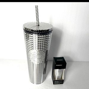 Starbucks Holiday 2023 Silver Disco Grid 24 oz Tumbler with Ornament Key Chain